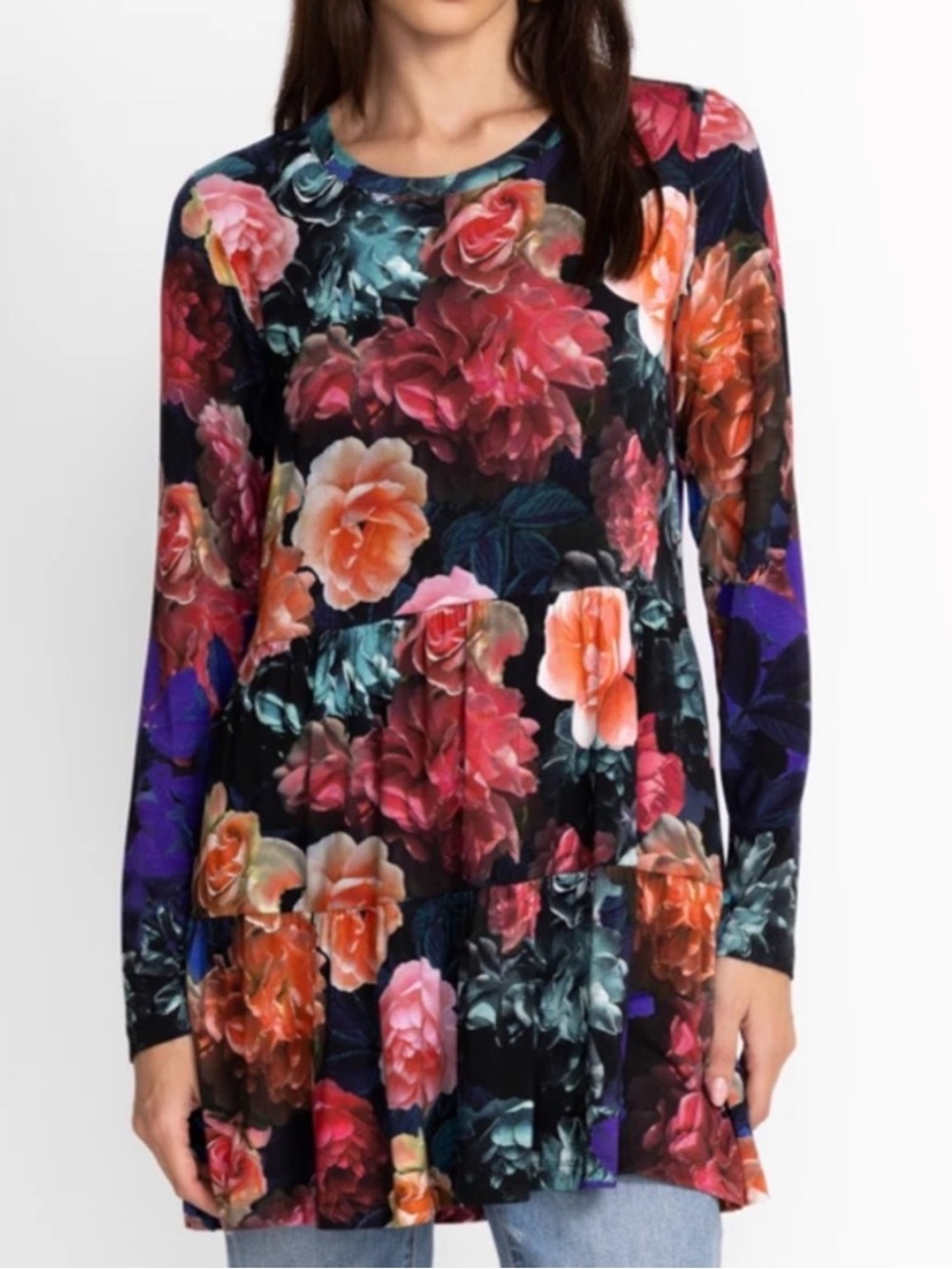 Johnny Was Bright Floral Studio Tiered Tunic Size L